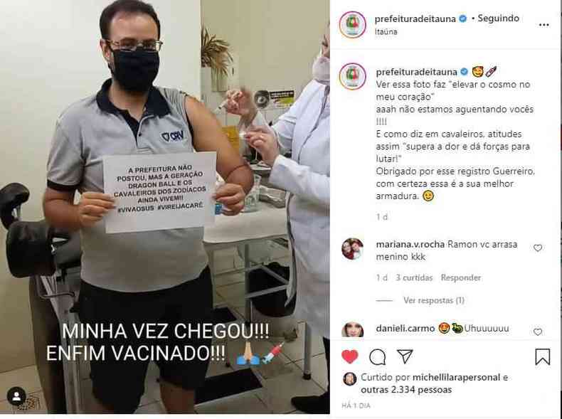 Morador fez postagem para 'cornetar' que a prefeitura não citou o Cavaleiros do Zodíaco nas chamadas(foto: Reprodução/Redes sociais/Prefeitura de Itaúna)