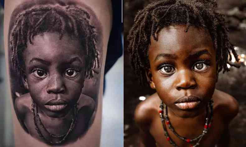 Montagem mostra a foto de rosto de um menino negro de quatro anos  direita, e  esquerda a tatuagem feita reproduzindo a foto no brao de um homem branco