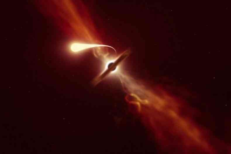 Simulao do momento em que a estrela  engolida pelo Buraco negro. A estrela (em primeiro plano) sendo espaguetificada enquanto  engolida por um buraco negro supermassivo (ao fundo) durante um 'evento de ruptura de mar'(foto: ESO/M. Kornmesser)