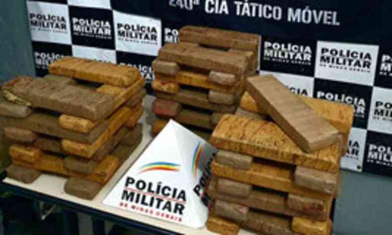 Mais de 50 tabletes de maconha foram encontrados em um matagal(foto: Divulgao/ Polcia Militar)