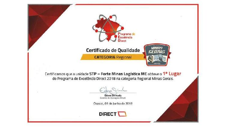 Um dos certifcados de excelncia recebido pela Forte Minas da Direct