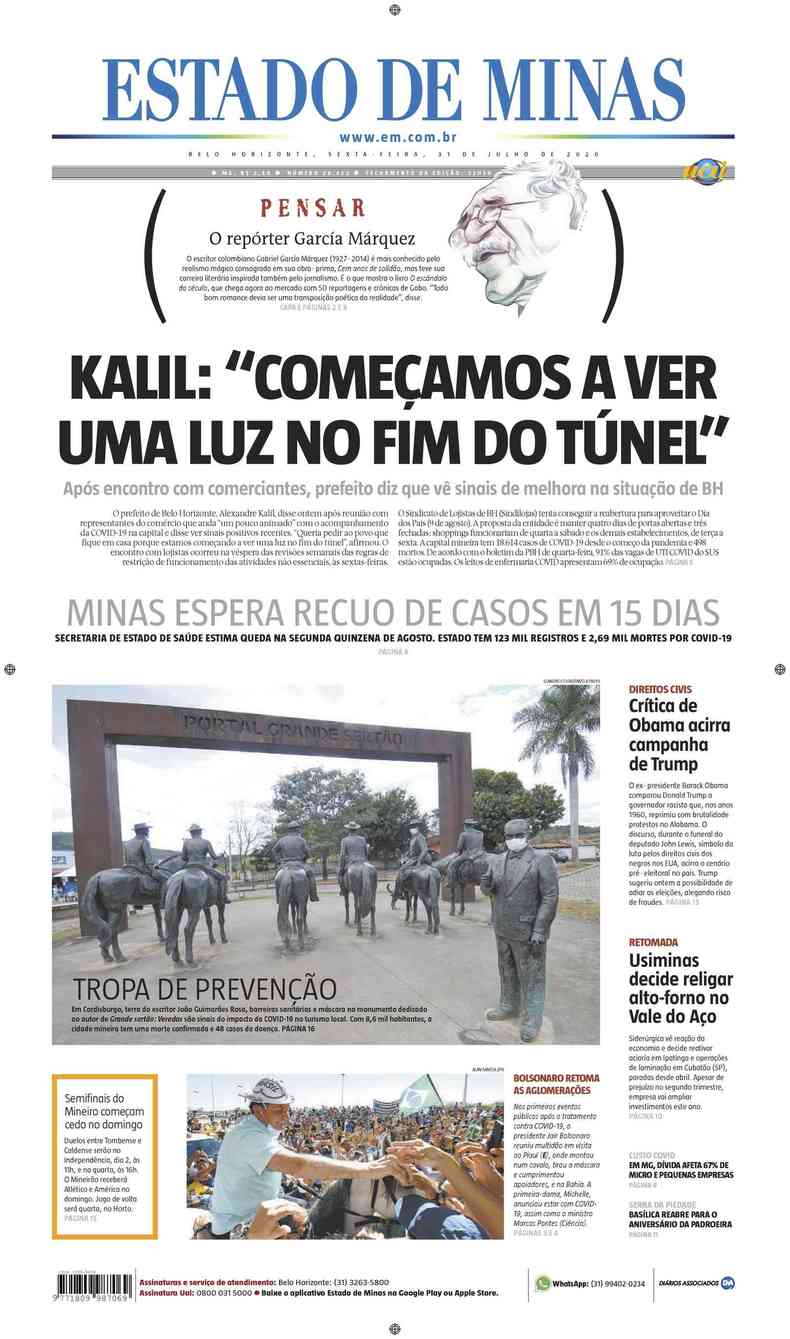 Confira a Capa do Jornal Estado de Minas do dia 31/07/2020(foto: Estado de Minas)