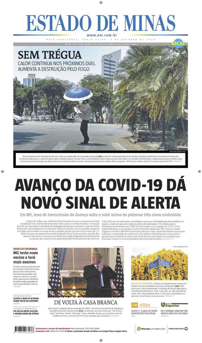 Confira a Capa do Jornal Estado de Minas do dia 06/10/2020(foto: Estado de Minas)