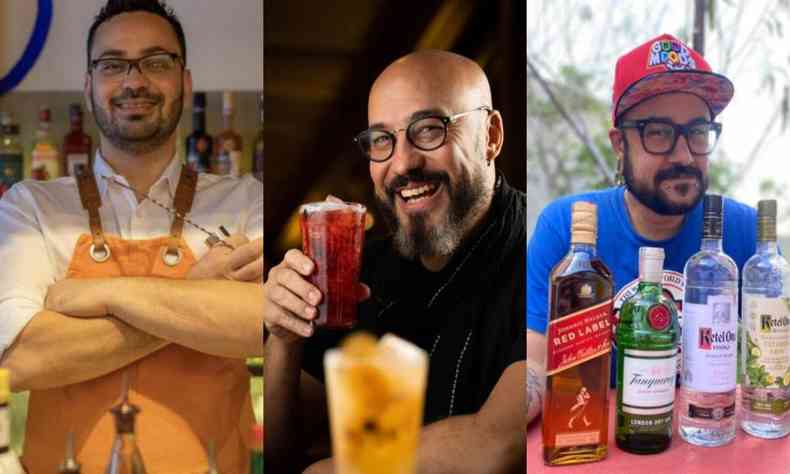 Montagem com fotos dos bartenders Alexandre Loureiro, Tiago Santos e Filipe Brasil