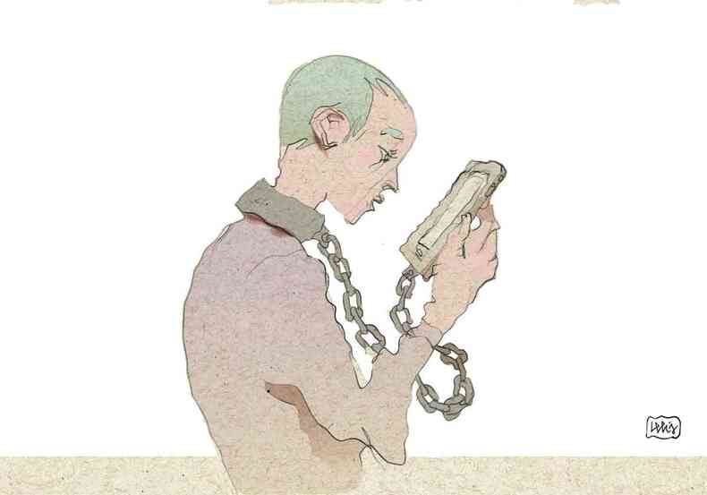 Ilustrao mostra homem olhando a tela do celular, com o pescoo preso ao aparelho por uma corrente