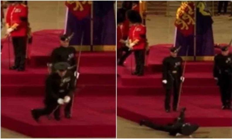 O guarda caiu subitamente no chão por volta da 1h da madrugada desta quinta-feira (15/9)(foto: Reprodução/Live BBC/Twitter @Jack_Thompson_8) Guarda caindo