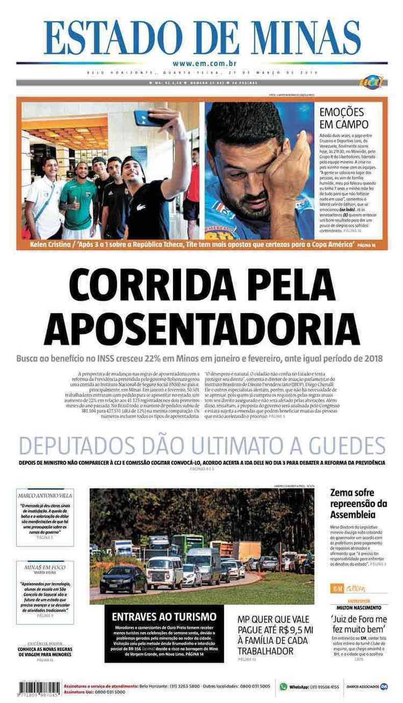 Confira a Capa do Jornal Estado de Minas do dia 27/03/2019(foto: Estado de Minas)