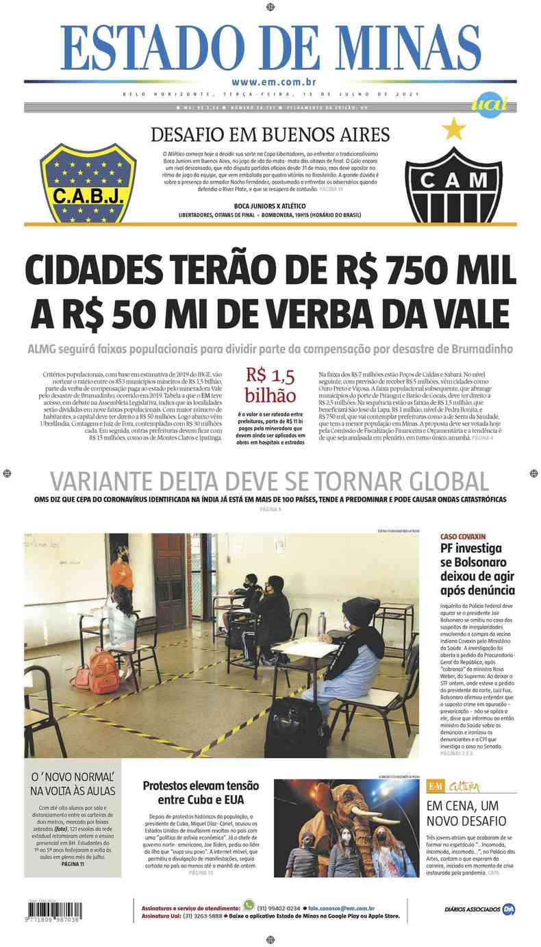 Confira a Capa do Jornal Estado de Minas do dia 13/07/2021(foto: Estado de Minas)