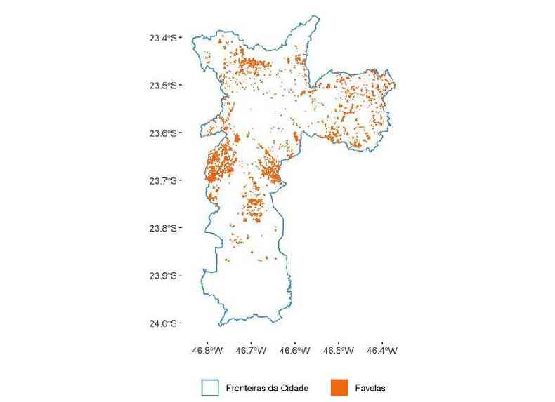 Mapa mostra a localizao das 1.727 favelas de So Paulo, observadas entre 2006 e 2018, a partir de dados da prefeitura