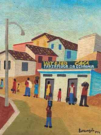 pintura de Lorenzato mostra casas, comrcio e pessoas circulando pela rua 