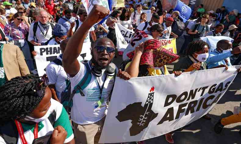 Protesto em Sharm el-Sheikh, no Egito, onde acontece a COP27 