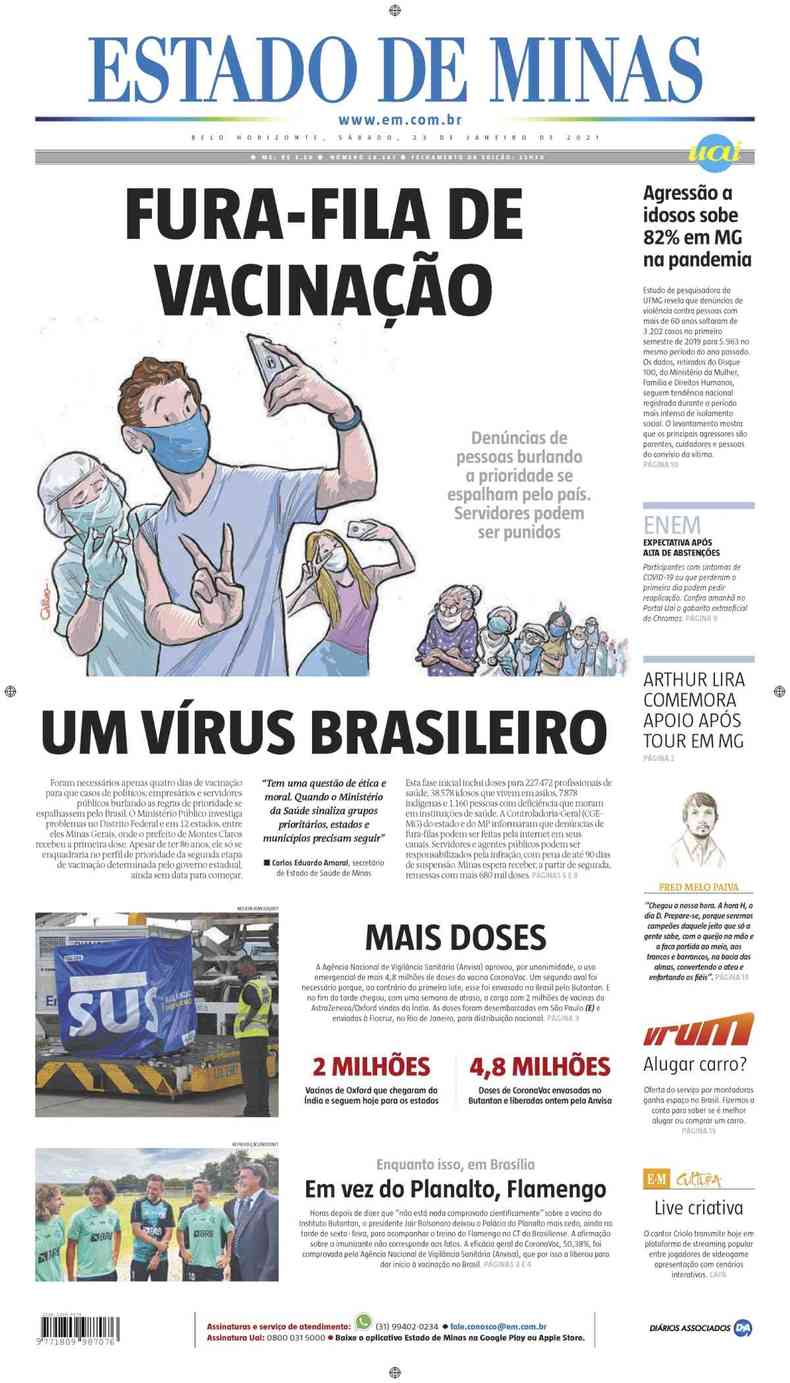 Confira a Capa do Jornal Estado de Minas do dia 23/01/2021(foto: Estado de Minas)