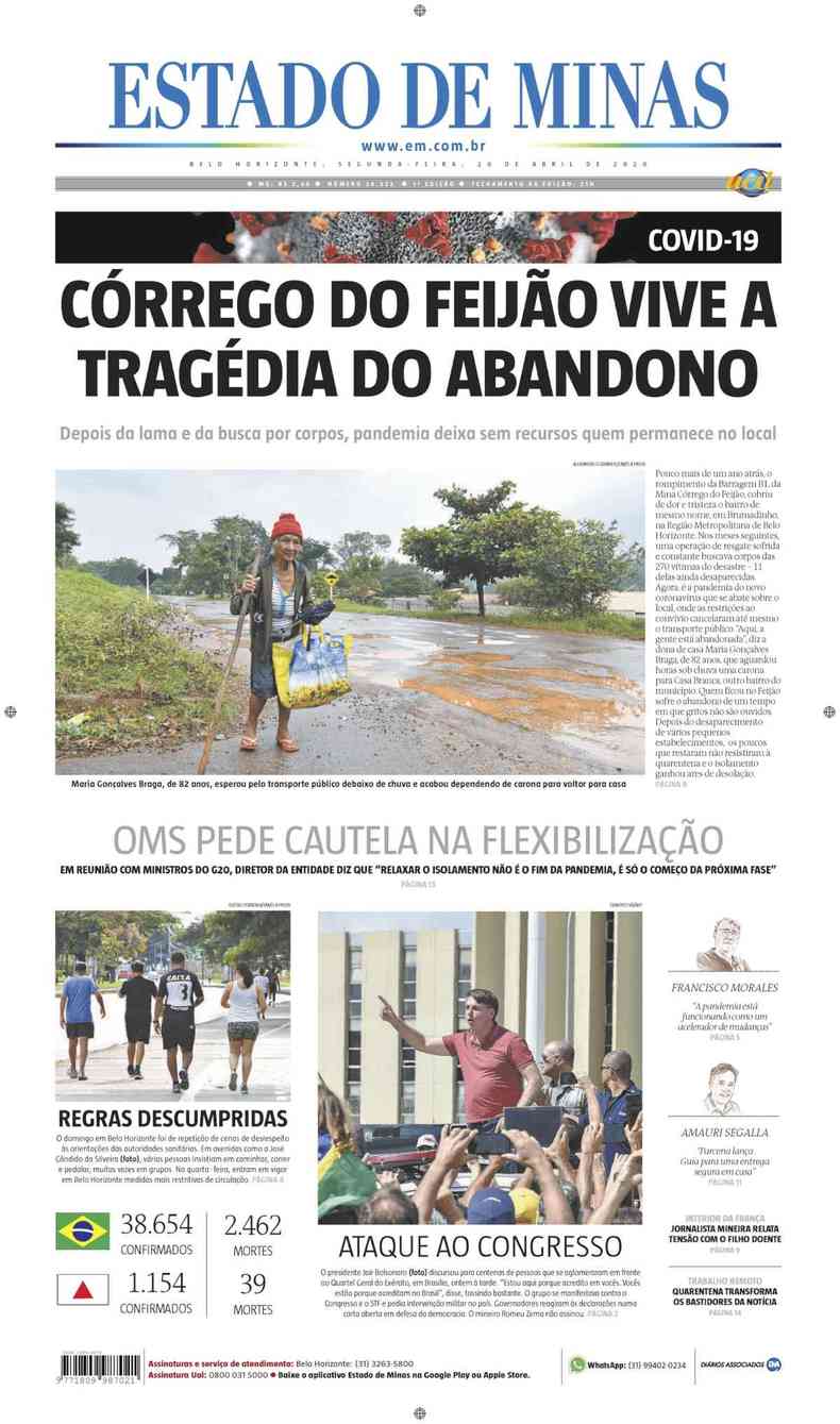 Confira a Capa do Jornal Estado de Minas do dia 20/04/2020(foto: Estado de Minas)