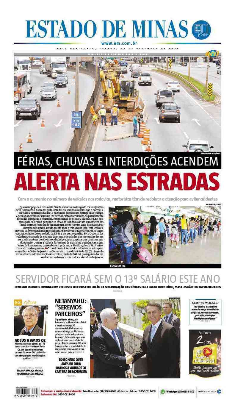 Confira a Capa do Jornal Estado de Minas do dia 29/12/2018(foto: Estado de Minas)