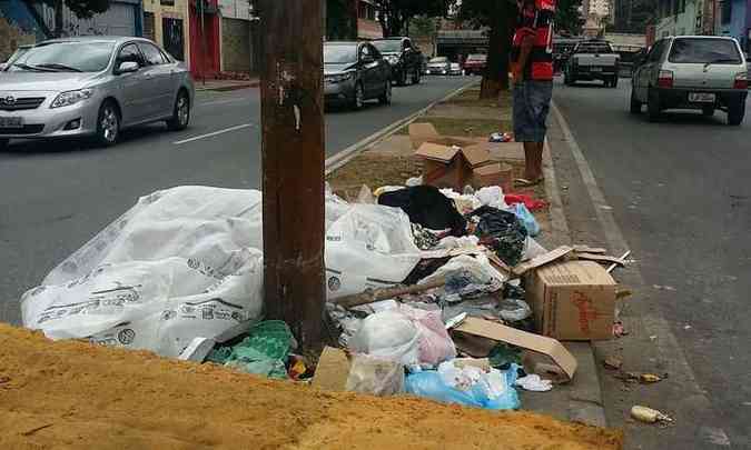 Lixo se espalha em pequena rea do canteiro central da avenida(foto: Paulo Filgueiras/EM/D.A PRESS)