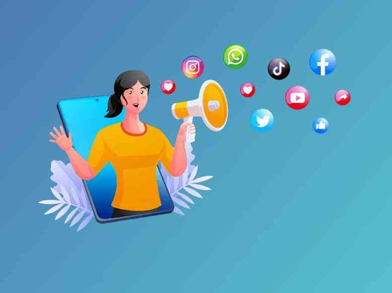 Ilustrao mostra mulher com alto-falante saindo de dentro de um smartphone para comunicar-se via redes sociais