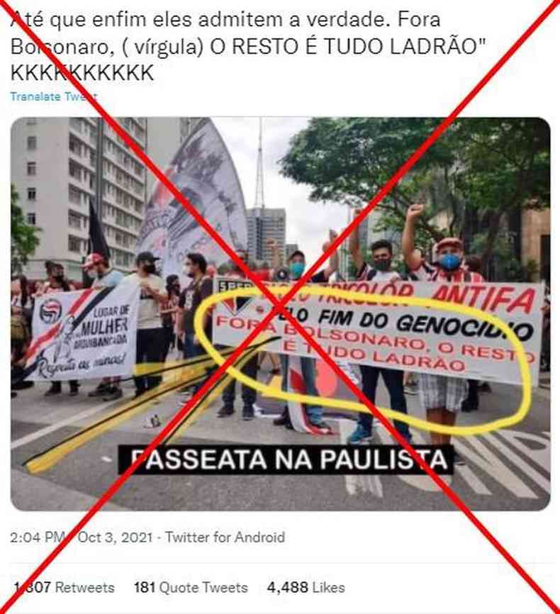 Imagem montada mostra faixa com inscrio 'Fora Bolsonaro, o resto  tudo ladro' em ato de protesto