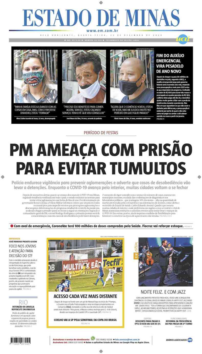 Confira a Capa do Jornal Estado de Minas do dia 23/12/2020(foto: Estado de Minas)