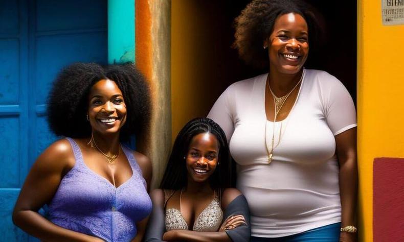 (foto: Instagram/marcioblackfoto) Imagem gerada por inteligência artificial de três mulheres negras sorrindo juntas próximas a uma porta