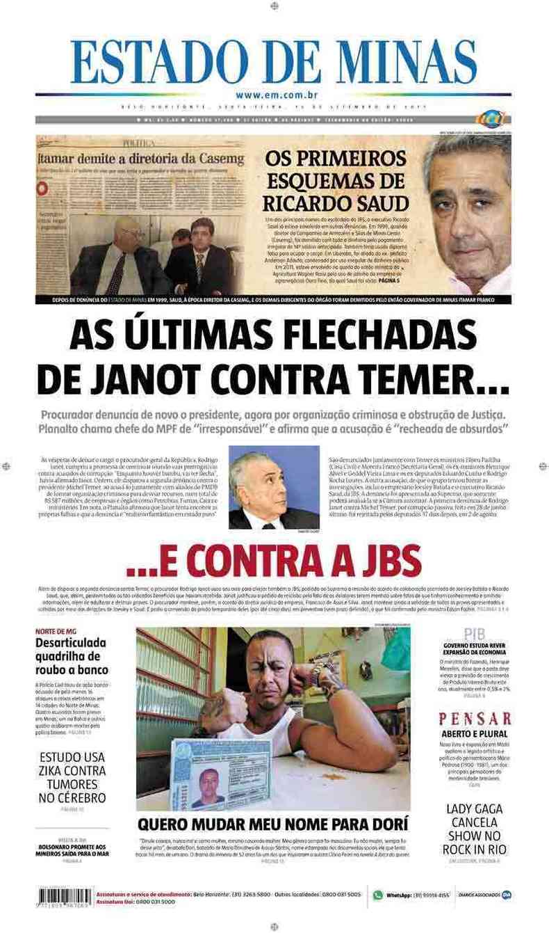 Confira a Capa do Jornal Estado de Minas do dia 15/09/2017