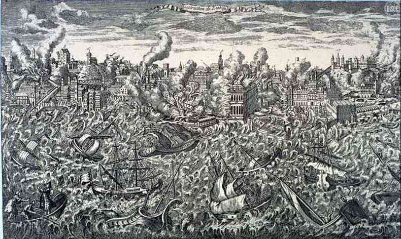 Depois do terremoto, Lisboa foi invadida por águas do Rio Tejo e consumida por incêndios que se arrastaram ao longo de seis dias(foto: Reprodução)