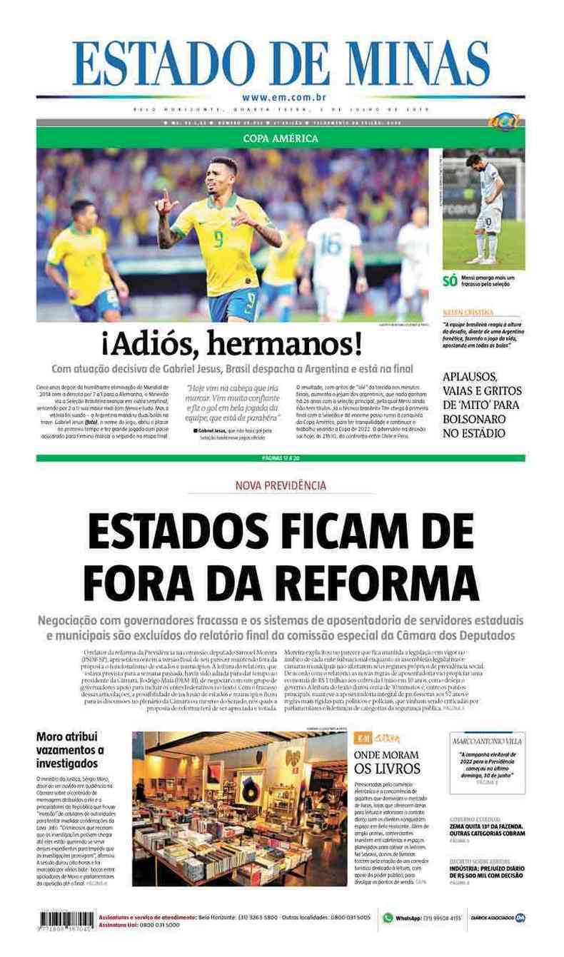 Confira a Capa do Jornal Estado de Minas do dia 03/07/2019(foto: Estado de Minas)