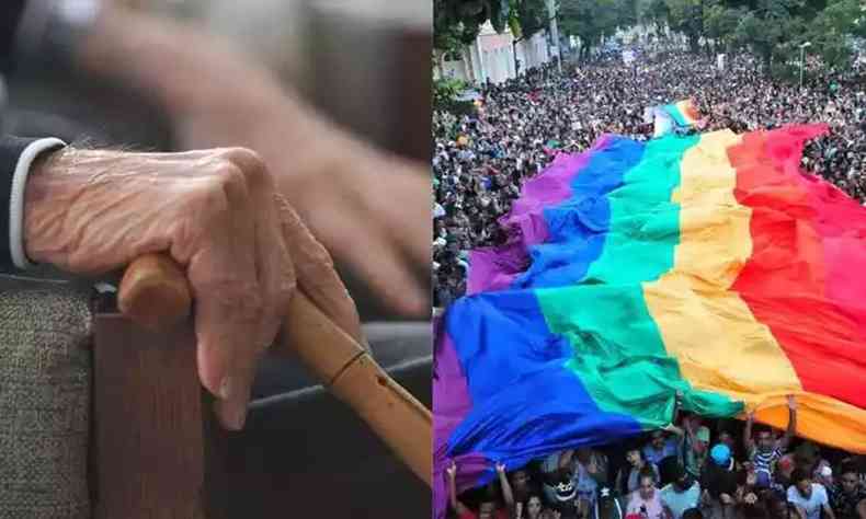 Montagem com duas fotos:  esquerda, a mo de um idoso branco segurando uma bengala; e  direita, uma grande bandeira LGBTQIA+ segurada por uma multido