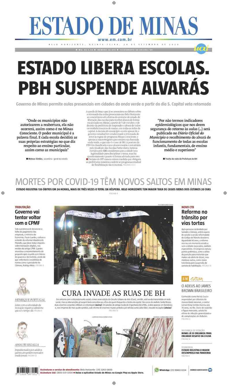 Confira a Capa do Jornal Estado de Minas do dia 24/09/2020(foto: Estado de Minas)