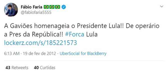 O deputado federal Fbio Faria, indicado por Bolsonaro para assumir o Ministrio das Comunicaes votou em Lula e Dilma, ambos do PTReproduo
