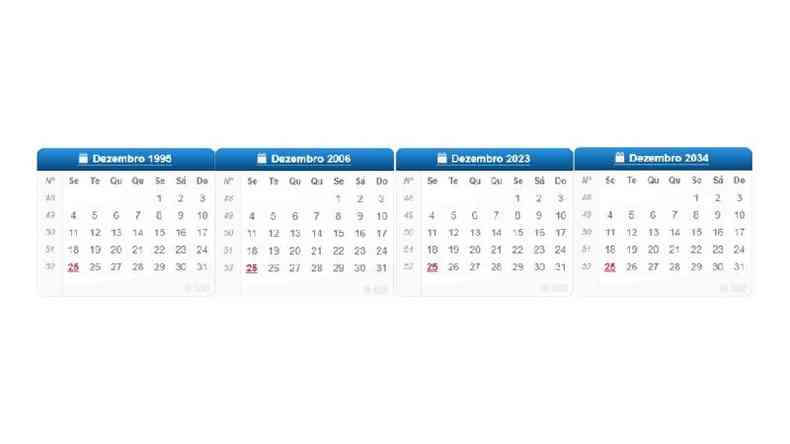 Captura de tela de calendários referentes ao mês de dezembro correspondentes aos anos de 1995, 2006, 2023 e 2034