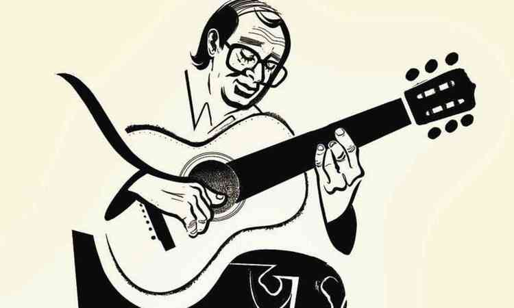 Ilustrao de Joo Gilberto tocando violo na capa de album do cantor lanado pelo Sesc