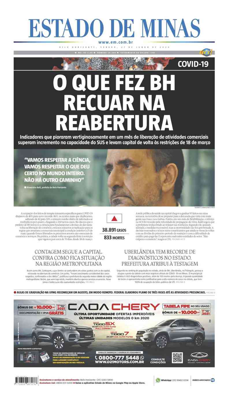 Confira a Capa do Jornal Estado de Minas do dia 27/06/2020(foto: Estado de Minas)