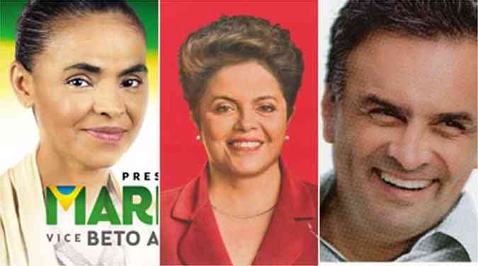 Acio, com os dentes mais claros, aparece com os cabelos escuros. Dilma com Lula: quase um boneco de cera e sem ps de galinha. Marina em nova verso, de maquiagem e sobrancelha feita(foto: Reproduo )