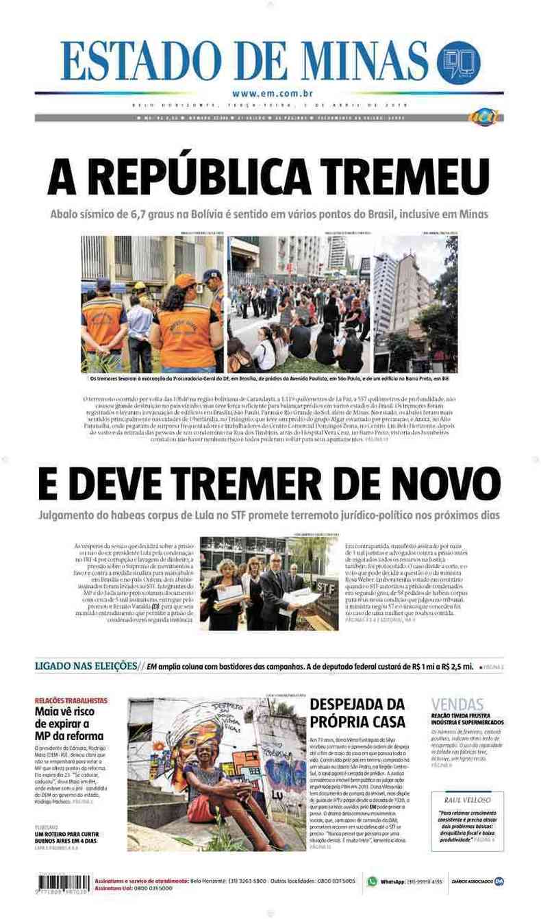 Confira a Capa do Jornal Estado de Minas do dia 03/04/2018