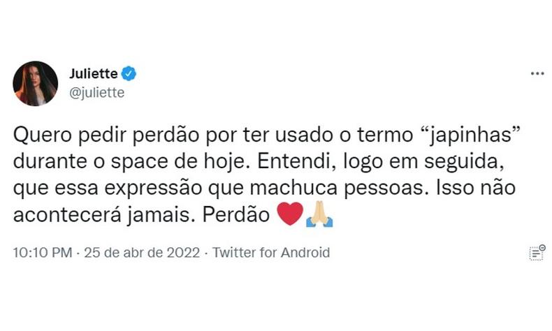 Tute de Juliette com os dizeres: 'Quero pedir perdo por ter usado o termo 'japinhas' durante o space de hoje. Entendi, logo em seguida, que essa expresso que machuca pessoas. Isso no acontecer jamais. Perdo'