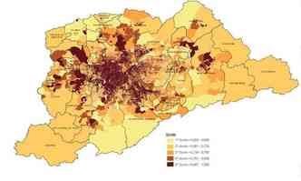 Mapa de So Paulo mostra que, apesar da queda, disparidades entre regies ainda so significativas(foto: Reproduo/Atlas do Desenvolvimento Humano nas Regies Metropolitanas Brasileiras)