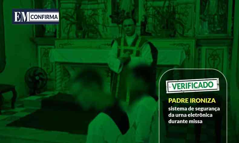 Card do projeto EM Confirma sobre fake news, verde, com padre e coroinhas