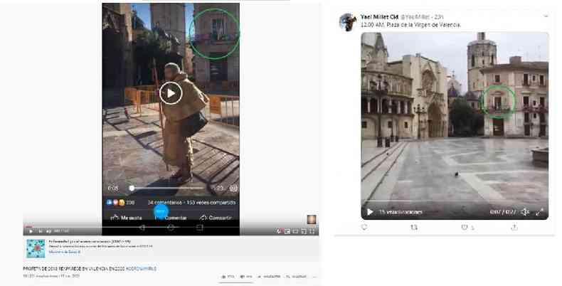 Comparação feita em 25 de março de 2020 entre um vídeo publicado no YouTube e uma gravação da Plaza de la Virgen no Twitter