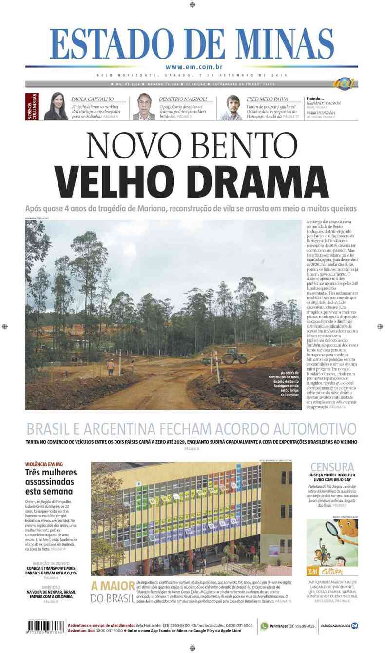 Confira a Capa do Jornal Estado de Minas do dia 07/09/2019(foto: Estado de Minas)