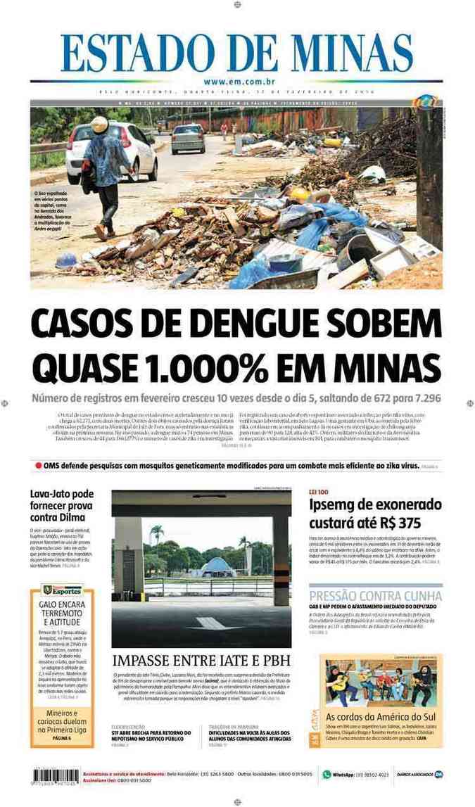 Confira a Capa do Jornal Estado de Minas do dia 17/02/2016