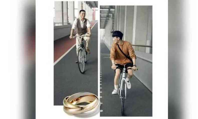 Anncio da Cartier mostra dois homens em atividades diversas, como andar de bicicleta(foto: Reproduo/Twitter)