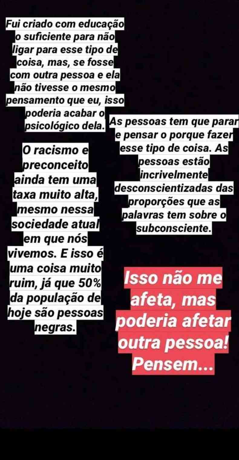 Adriel denunciou em seus Stories os ataques de racismo(foto: (Imagem: Reproduo/redes sociais))