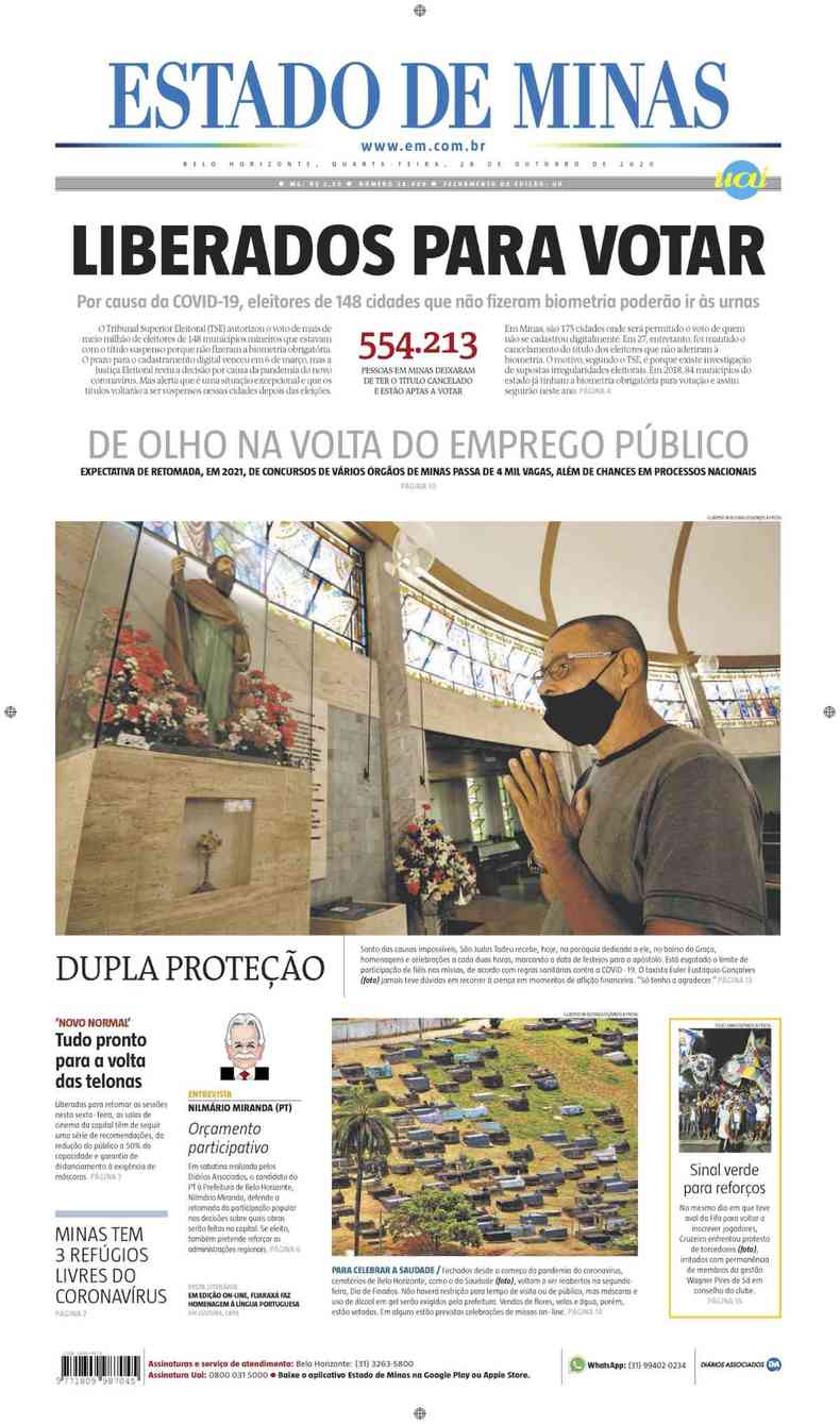 Confira a Capa do Jornal Estado de Minas do dia 28/10/2020(foto: Estado de Minas)