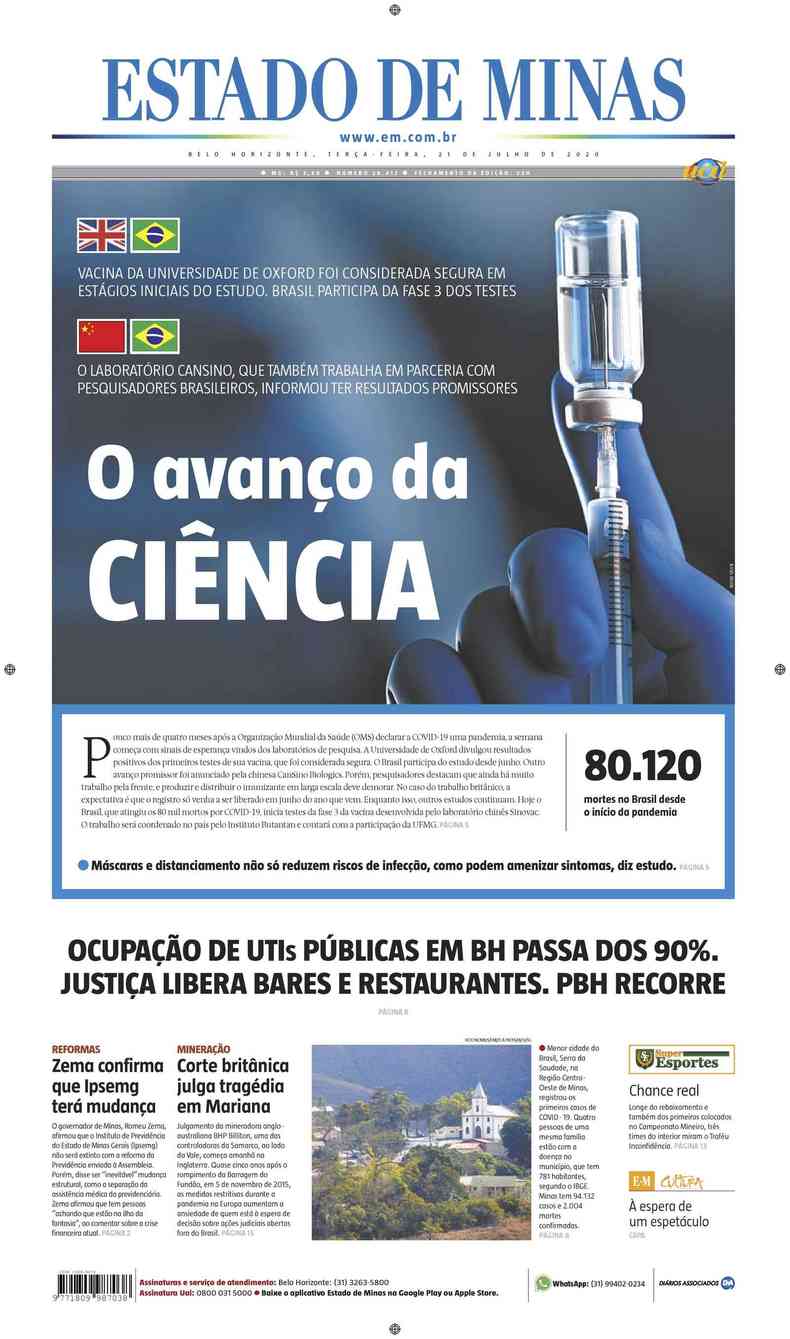 Confira a Capa do Jornal Estado de Minas do dia 21/07/2020(foto: Estado de Minas)