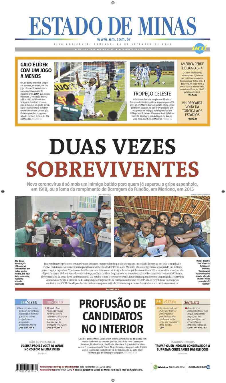 Confira a Capa do Jornal Estado de Minas do dia 20/09/2020(foto: Estado de Minas)