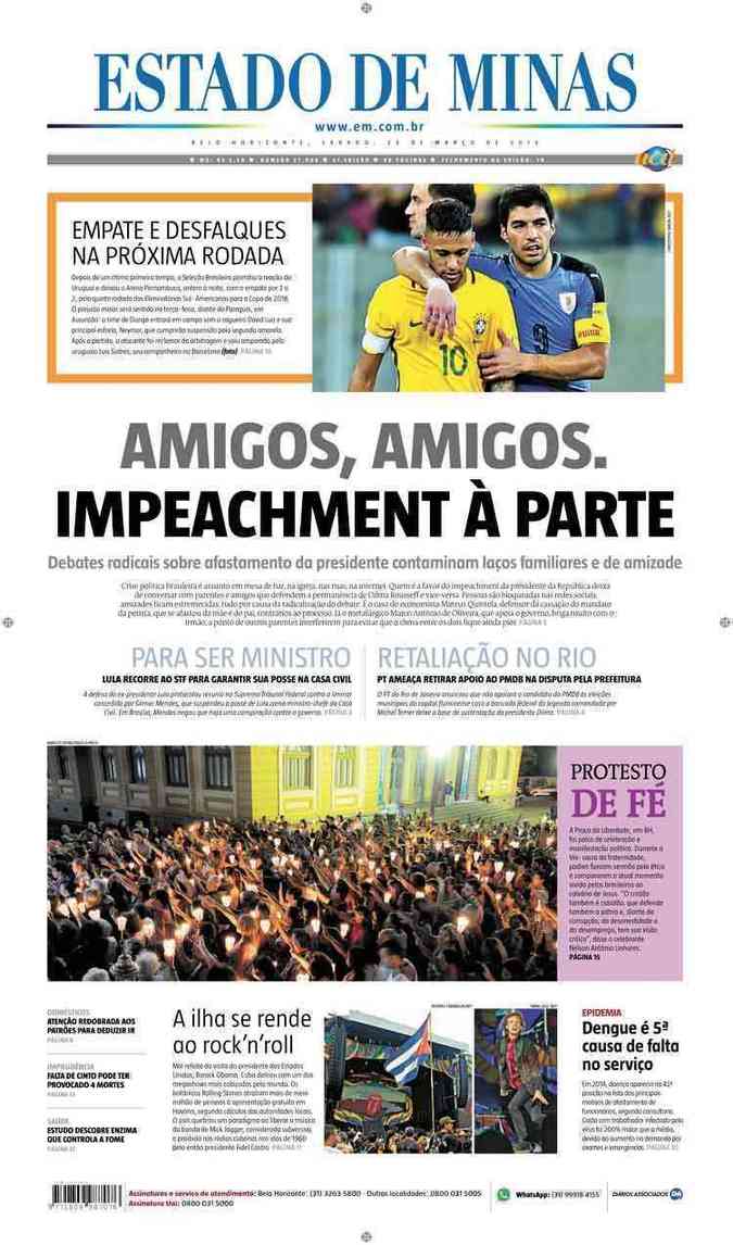 Confira a Capa do Jornal Estado de Minas do dia 26/03/2016