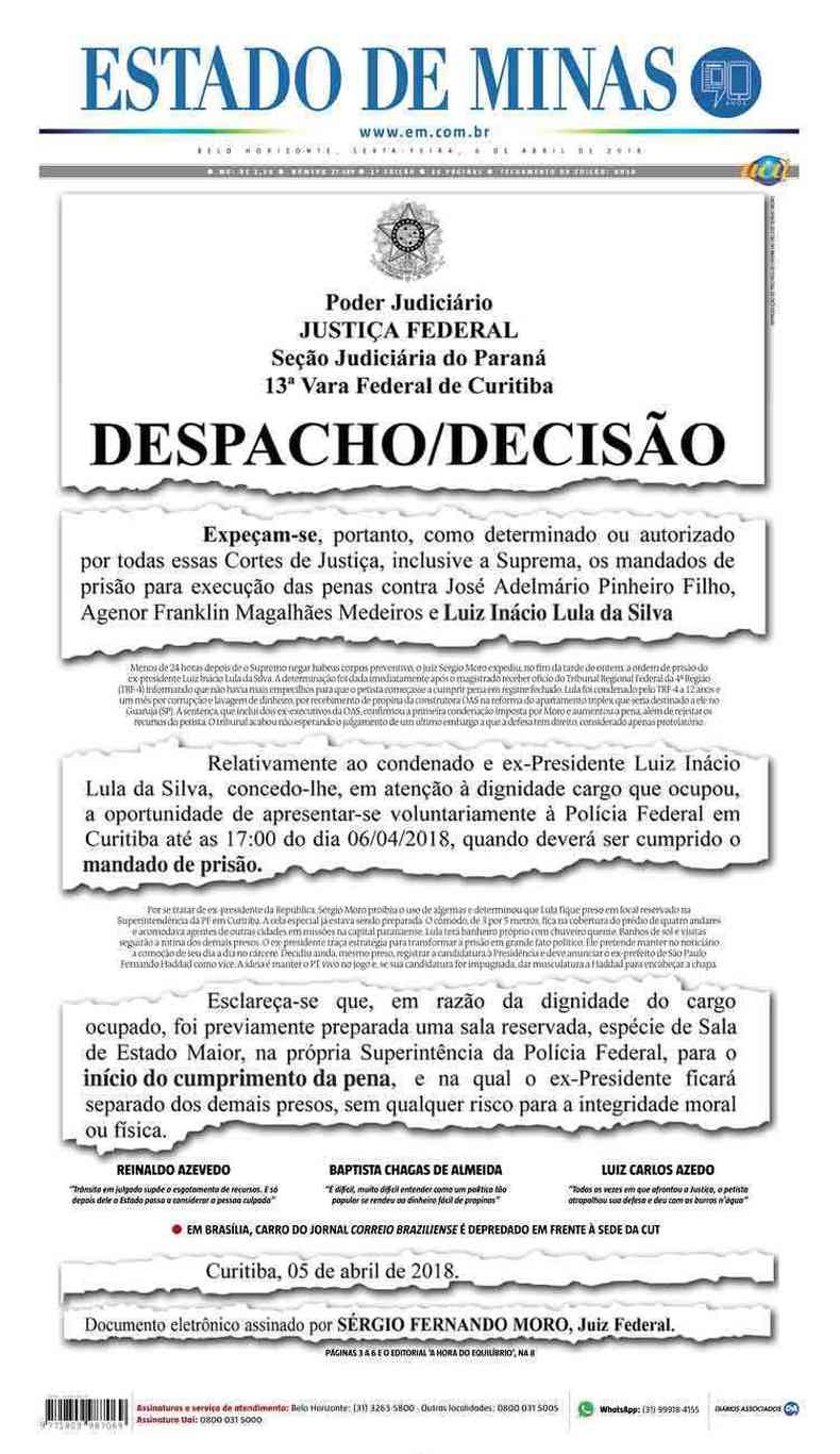 Confira a Capa do Jornal Estado de Minas do dia 06/04/2018