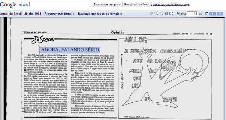 Captura de tela feita em 18 de agosto de 2022 do artigo original de J Soares publicado na edio de 30 de abril de 1988 do Jornal do Brasil 