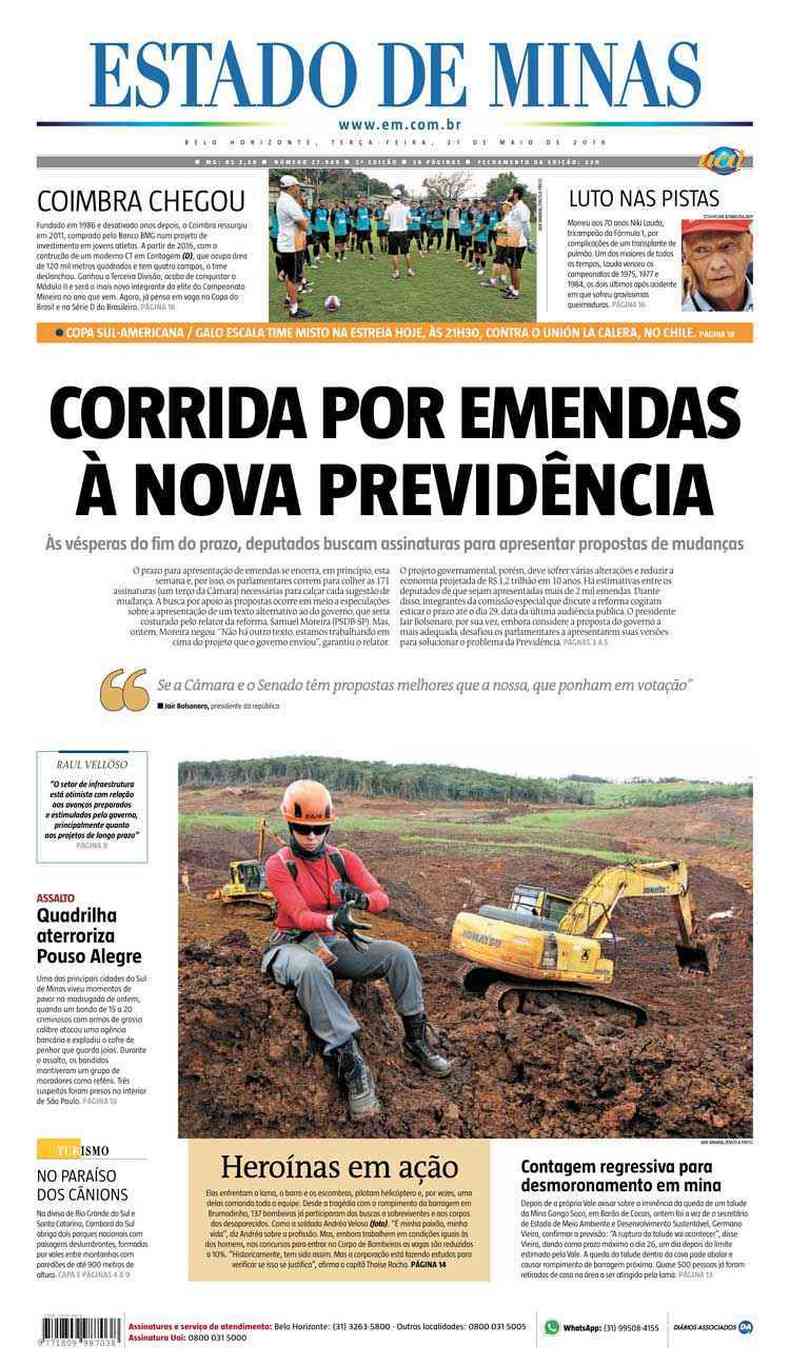 Confira a Capa do Jornal Estado de Minas do dia 21/05/2019(foto: Estado de Minas)