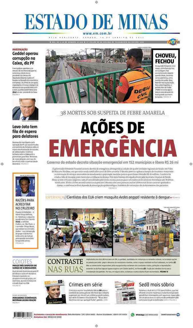 Confira a Capa do Jornal Estado de Minas do dia 14/01/2017
